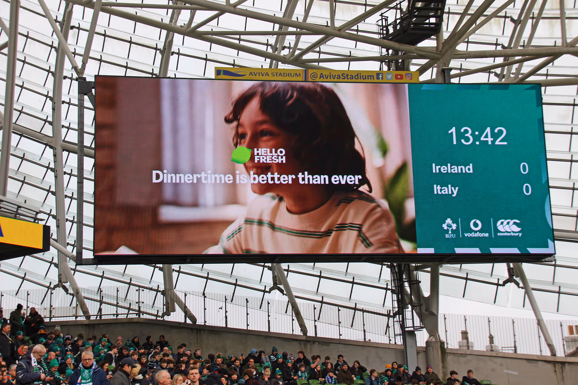 A big screen advertisement for Hello Fresh in the Aviva Stadium