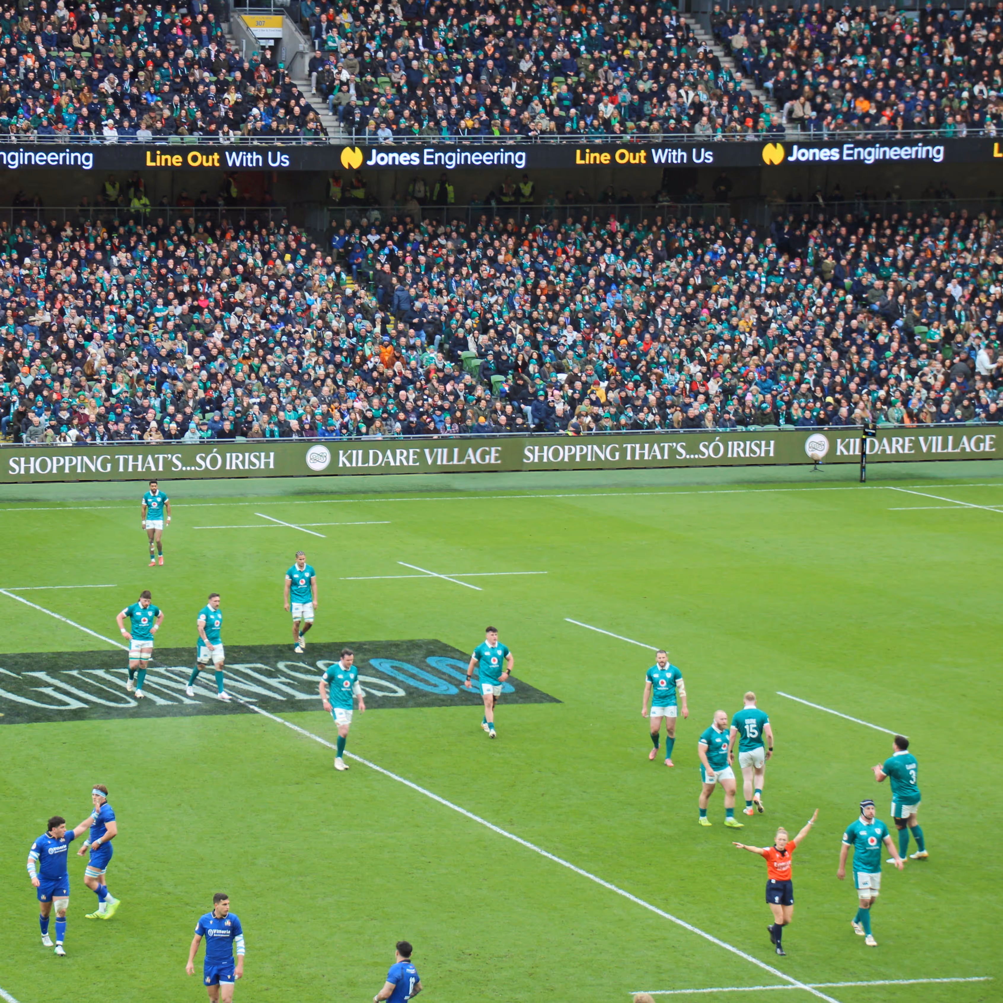 Pitchside and Premium Level LED advertisements being displayed doing an Irish rugby international in the Aviva Stadium