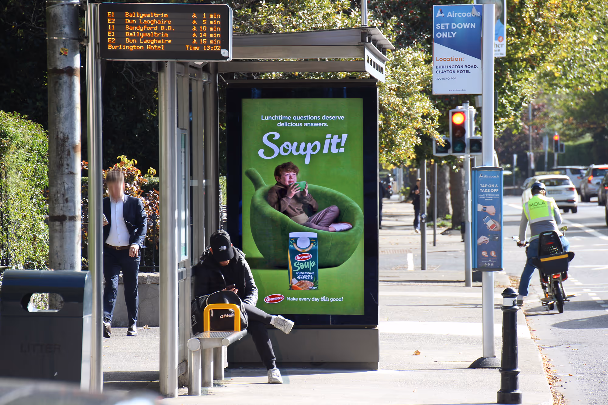 A dynamic digital bus shelter advertisement for Avonmore Soup