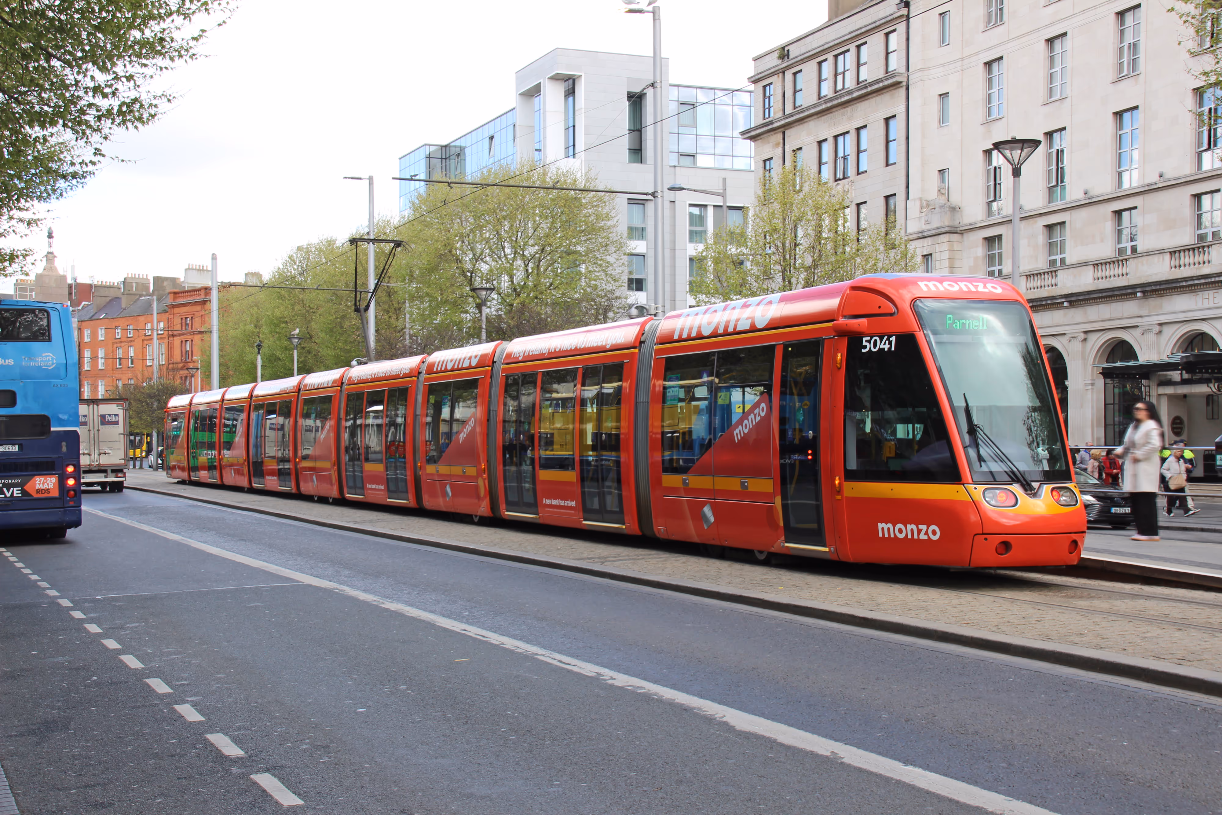 A fully wrapped Luas on O'Connell Street for Monzo