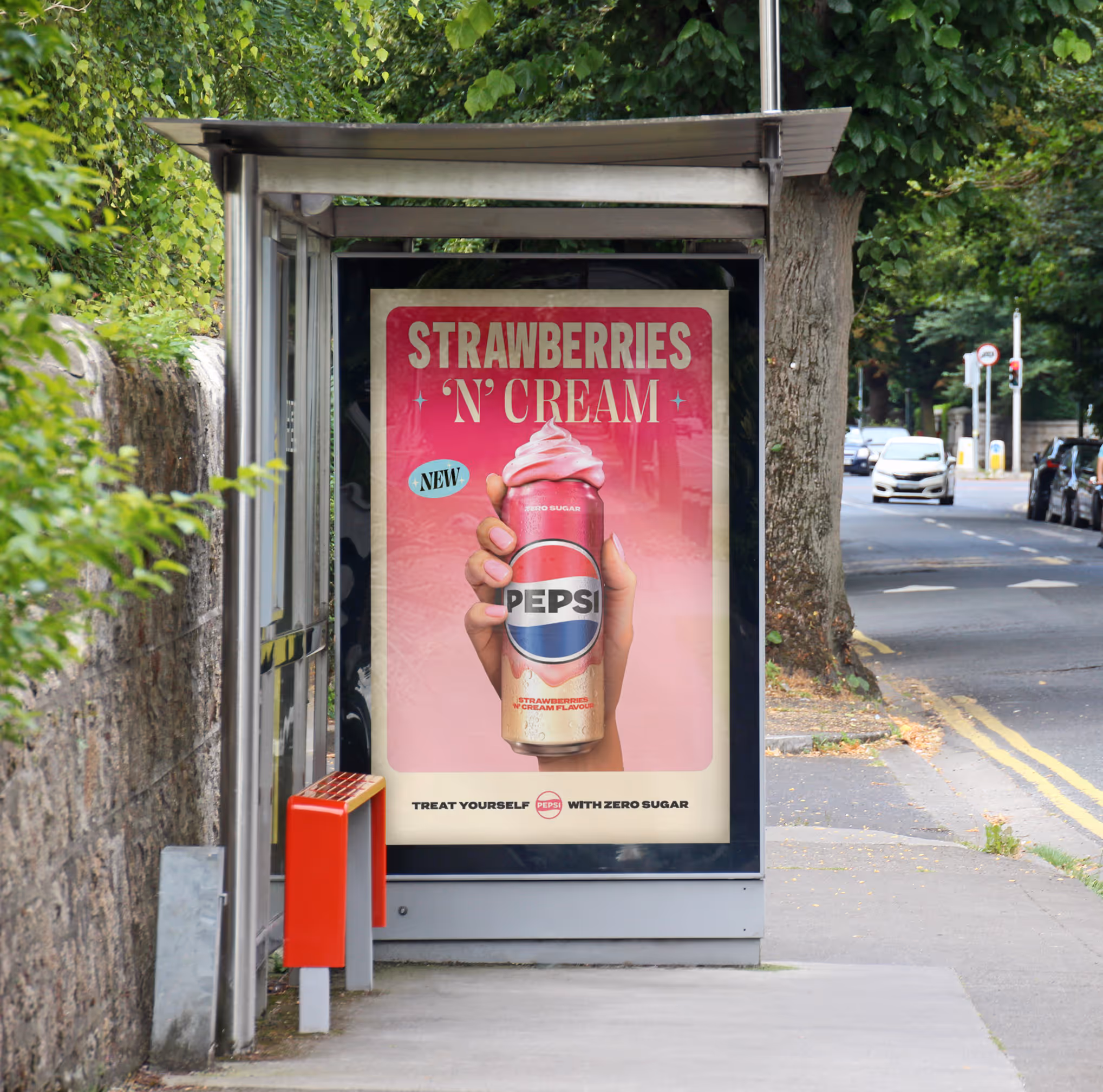 An Adshel bus shelter displaying an advertisement for Pepsi Strawberries and Cream flavour