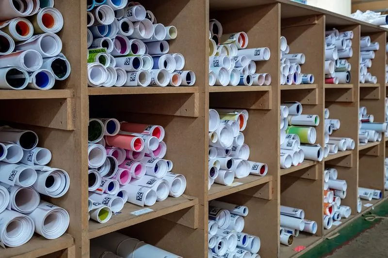 Rolled up posters on shelving