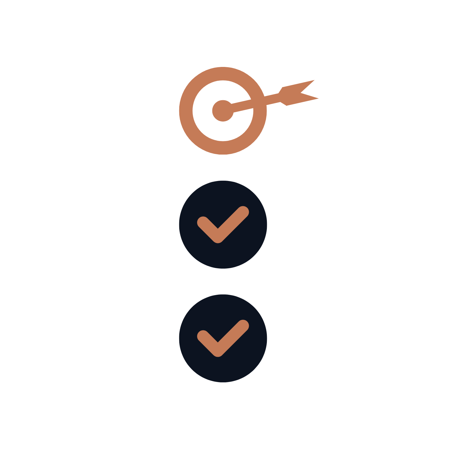 Illustration d'une cible avec une flèche atteignant le centre, suivie de deux cercles noirs contenant chacun une coche marron clair.