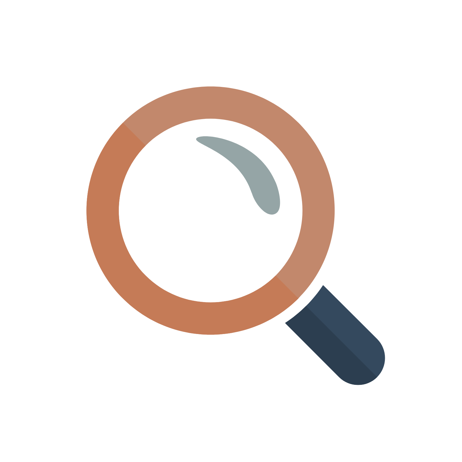 Icône d'une loupe avec un manche bleu foncé et un cadre brun autour du verre.