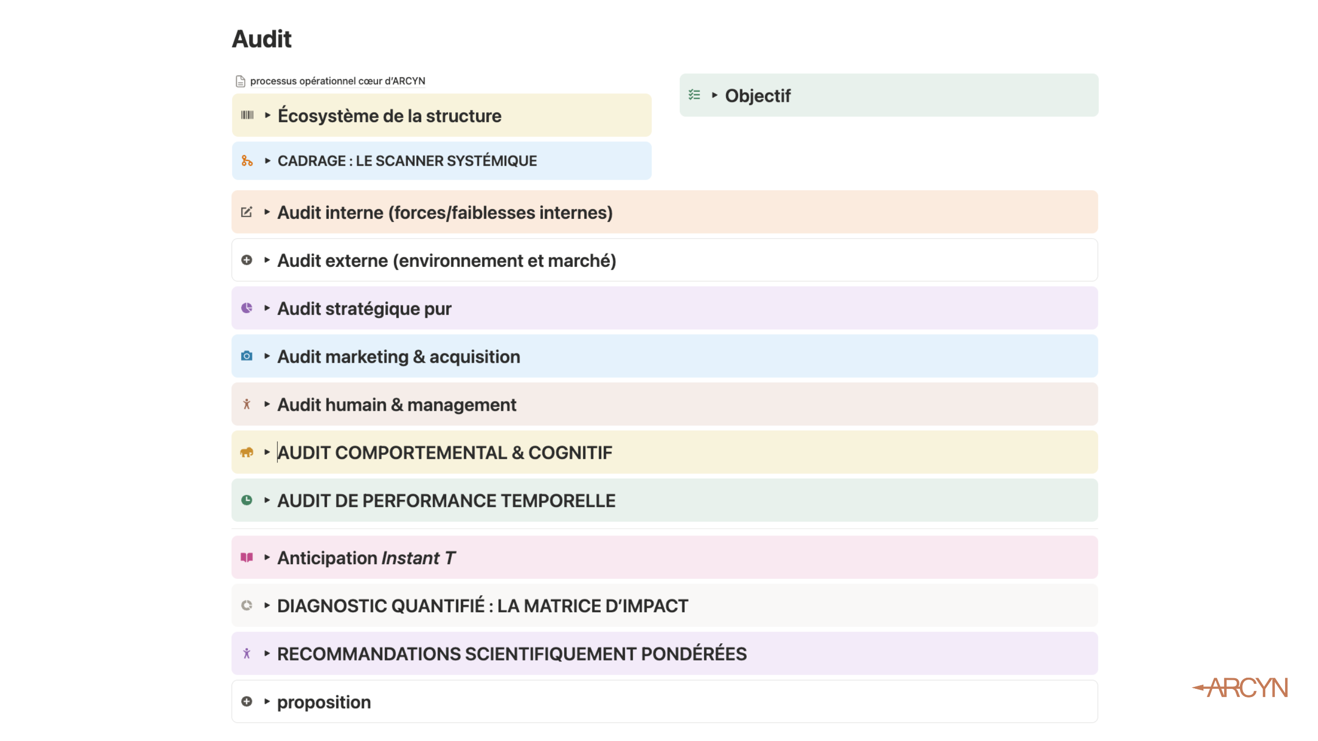 Liste structurée des différents types d'audit incluant : écosystème, cadrage, audit interne, audit externe, stratégique, marketing, humain, comportemental, de performance, anticipation, diagnostic quantifié, recommandations, et proposition.