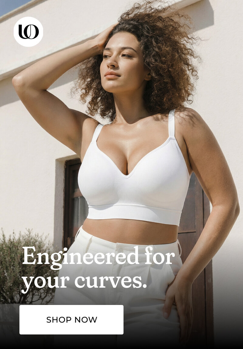 A typical hero image: model wearing a bra with a branded headline over the photography