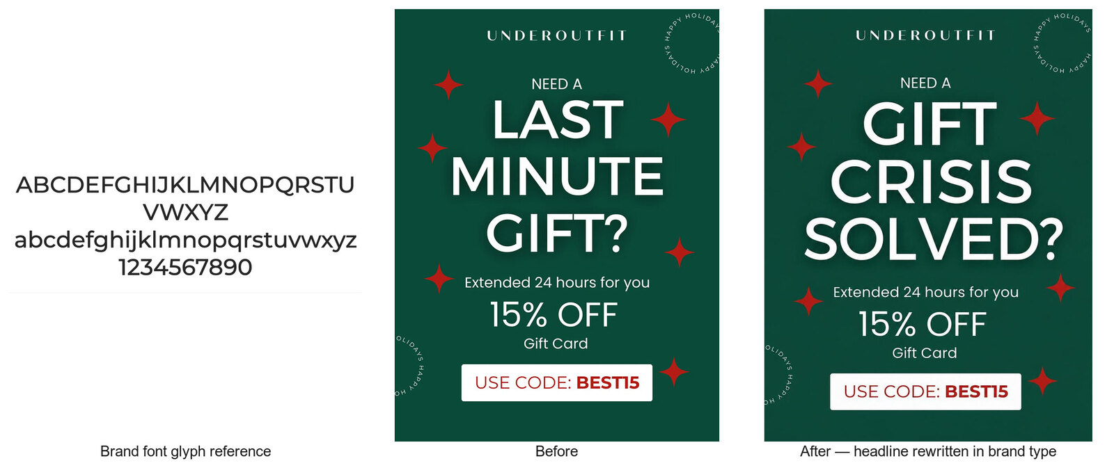 The brand font glyph sheet used as a reference input, with a before and after of a headline edit