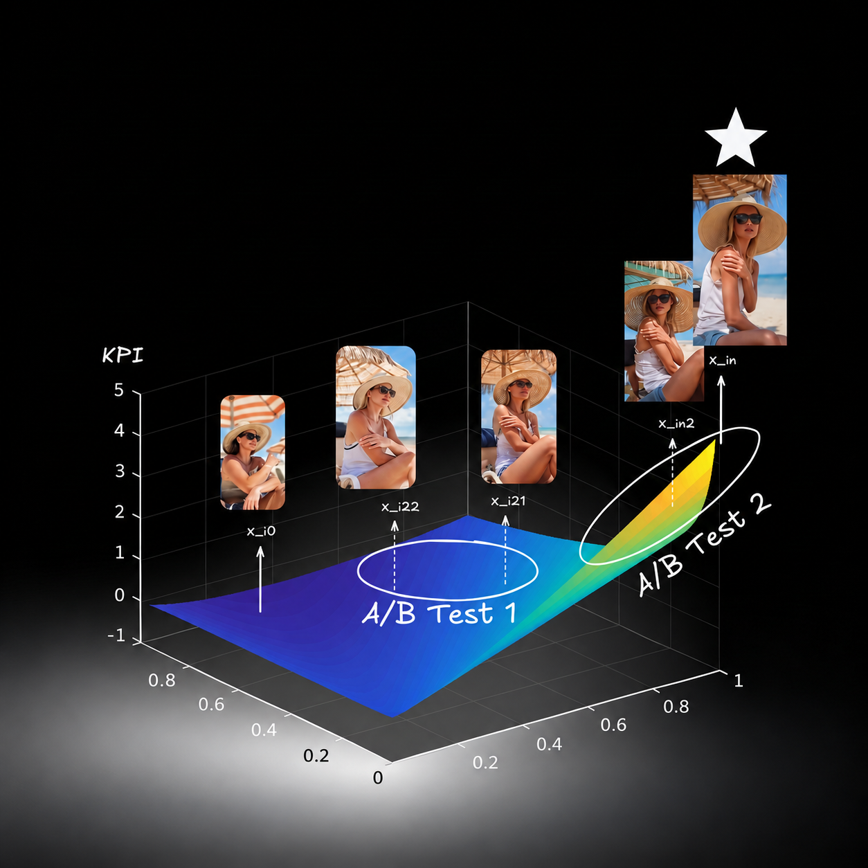 KPI surface over an embedding space with A/B test variations climbing toward the winning creative