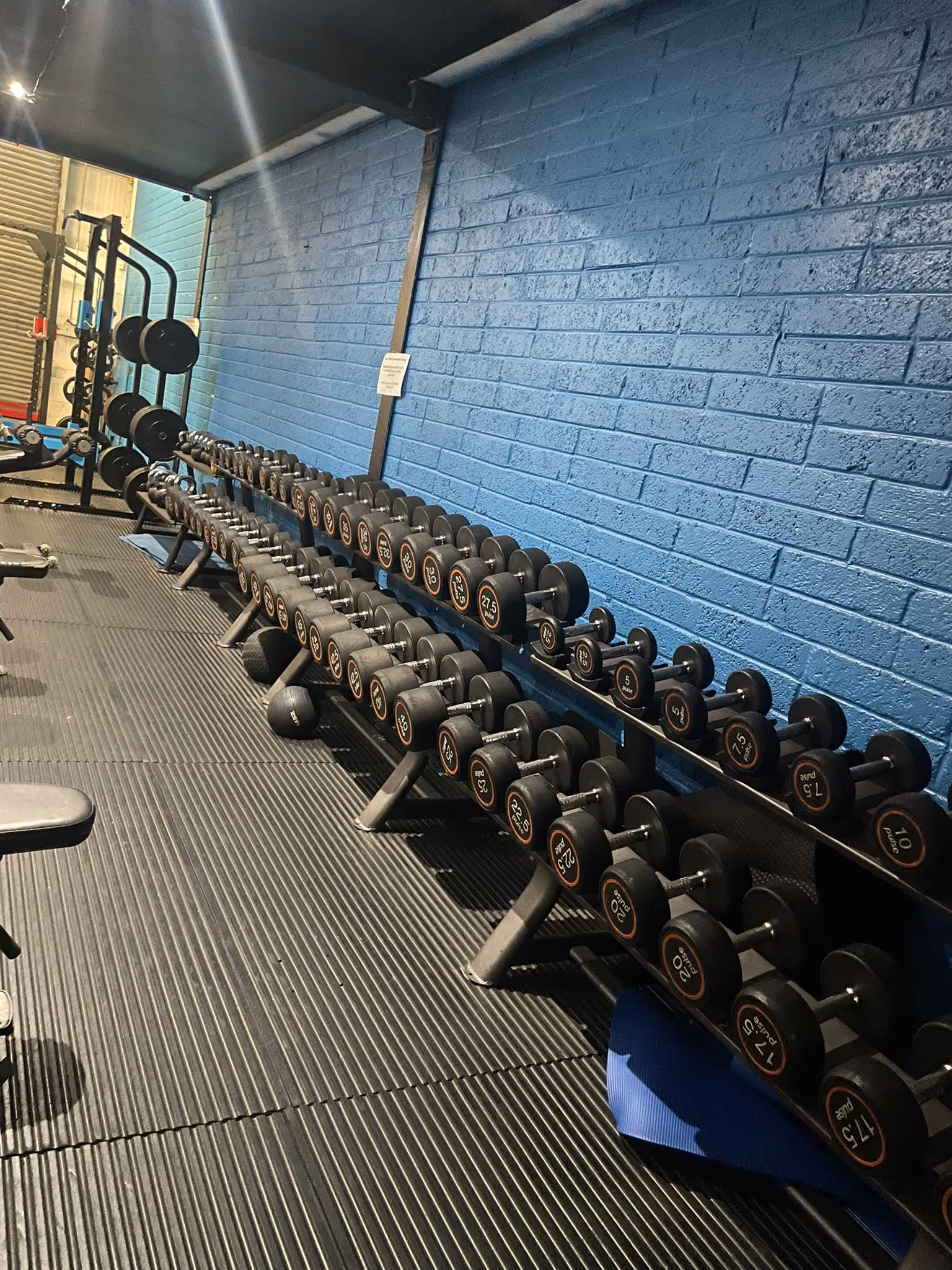 Free weights area at Magee Health & Fitness Belfast with full dumbbell racks against blue feature wall