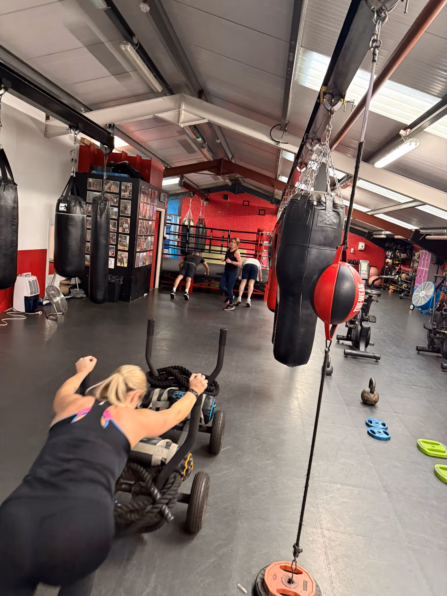 Member pushing a weighted sled during a strength and condition session at Magee's Health & Fitness in Belfast, with Boxing bags and gym equipment in view.