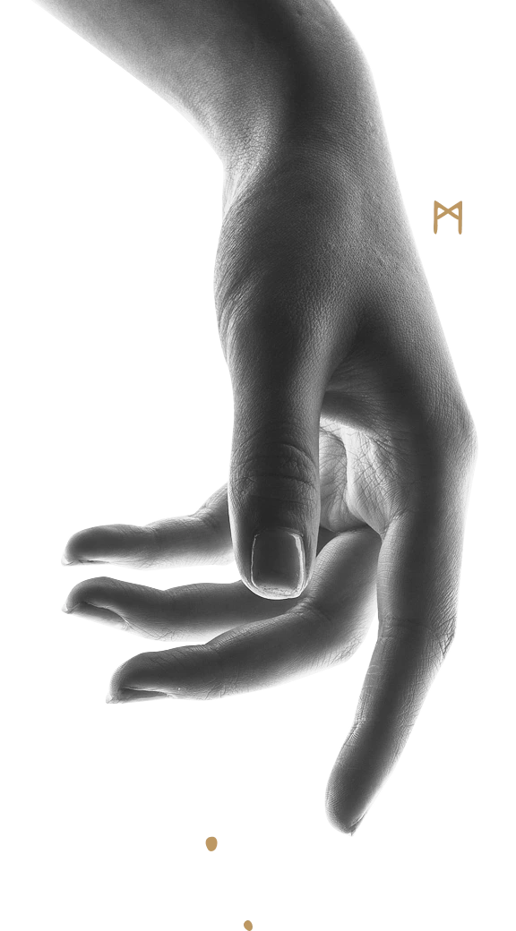 Black and white close-up of a right hand with fingers slightly curled downward.