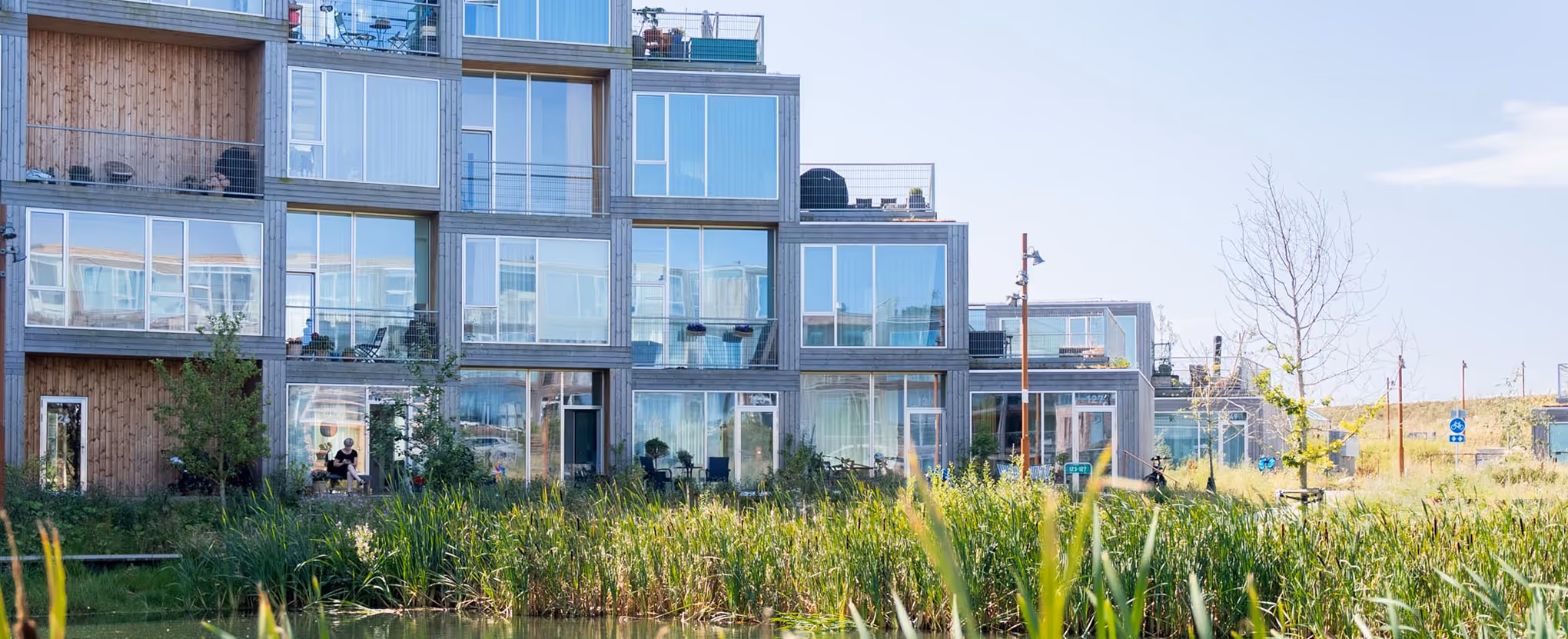 Modern modular apartment building with large glass windows overlooking a pond with tall grass and reeds.