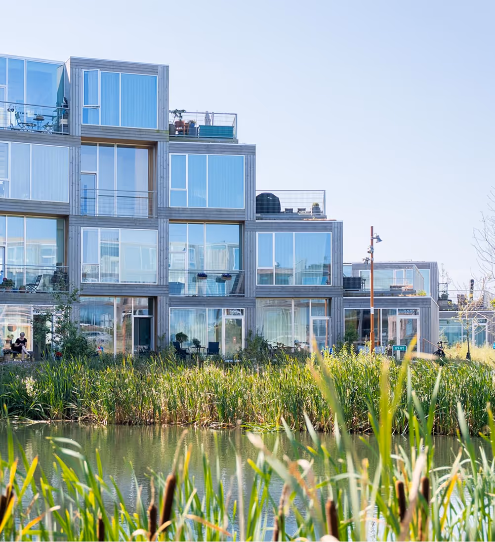 Modern modular multi-story residential building with large windows and balconies, viewed across a pond with tall grasses.