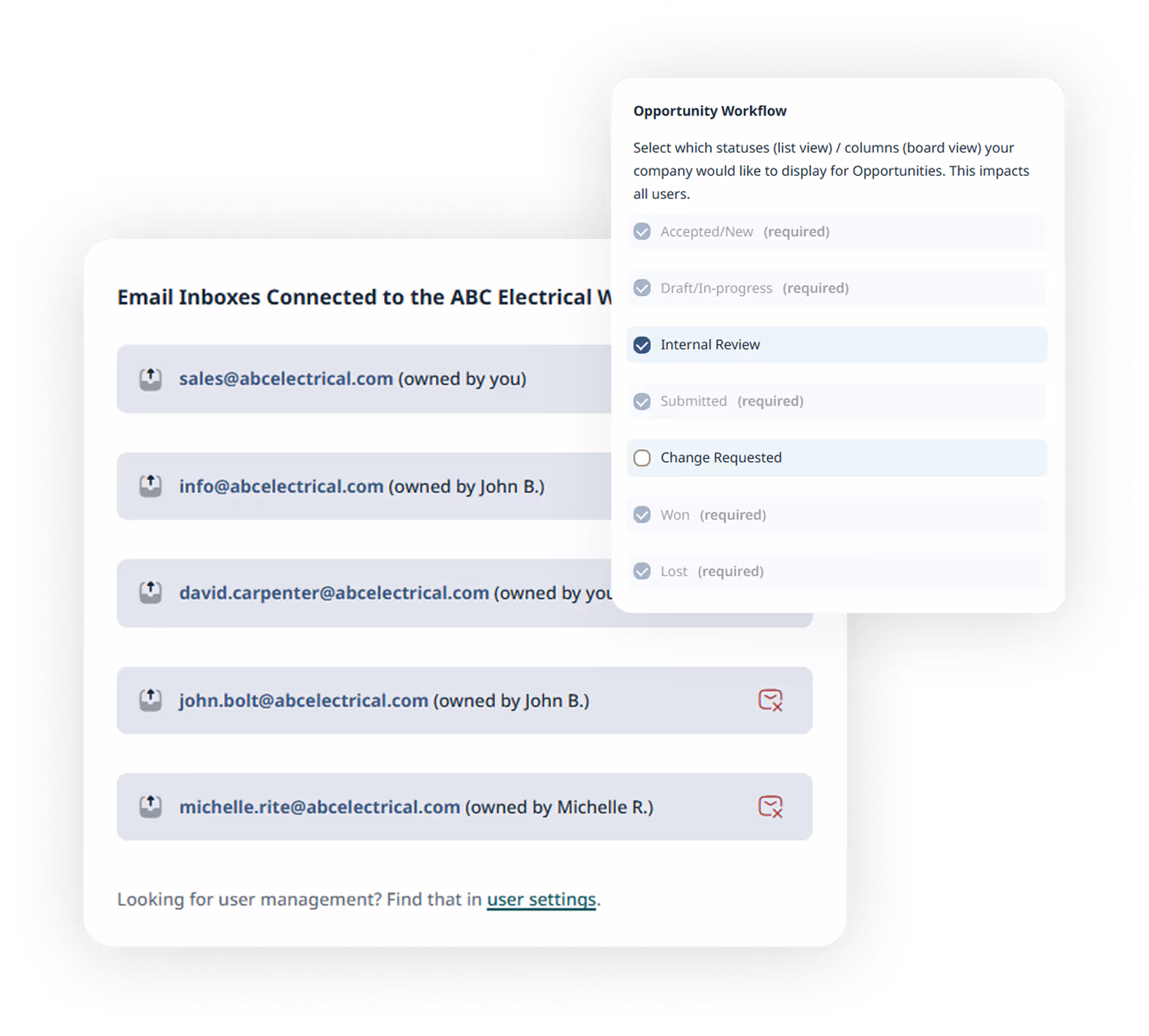 Connected email inboxes and workflow panel in project management software for subcontractors.