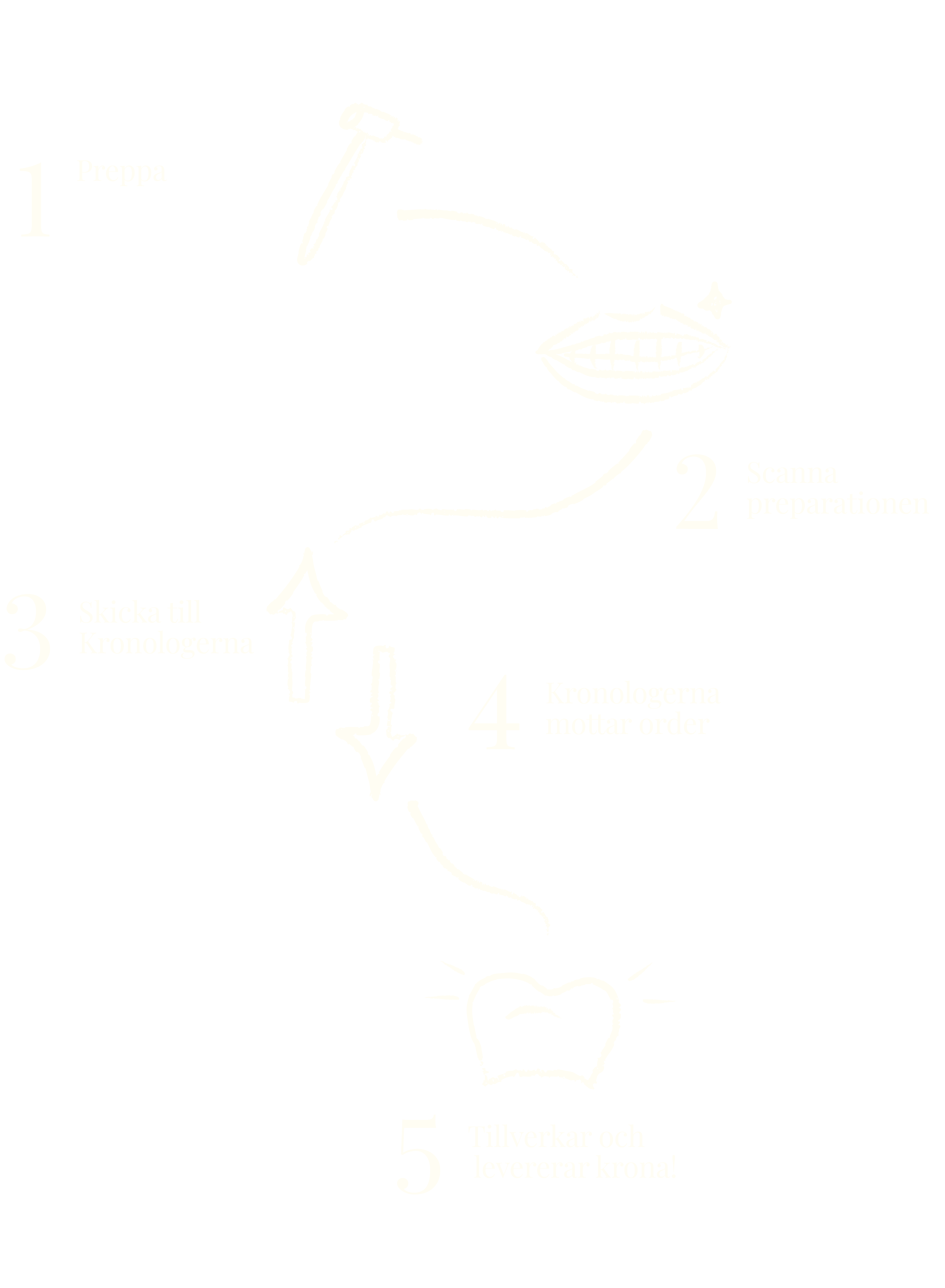 1. preppa, 2. Scanna preparationen, 3. Skicka till kronologerna, 4. Kronologerna mottar order, 5. Tillverkar och levererar kronan!