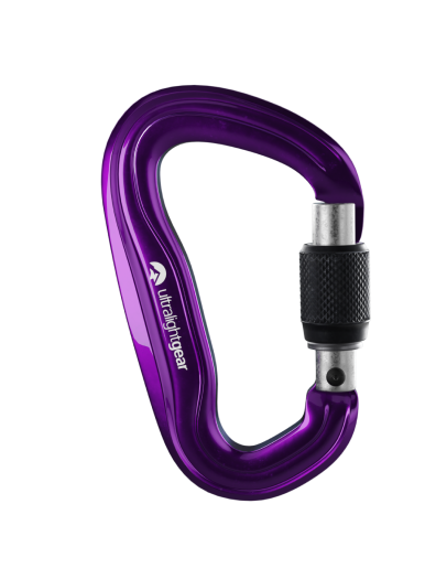 Purple Ultralightgear locking carabiner with black and silver screw gate.