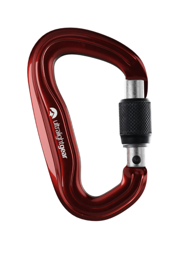 Red metal carabiner with black screw-lock mechanism labeled Ultrahighgear.