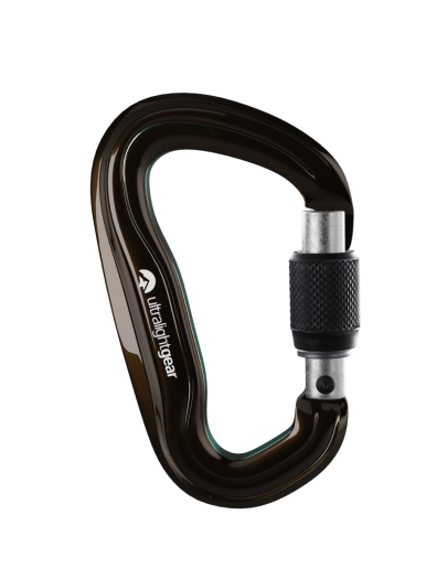 Black Ultralight Gear locking carabiner with silver screw gate.