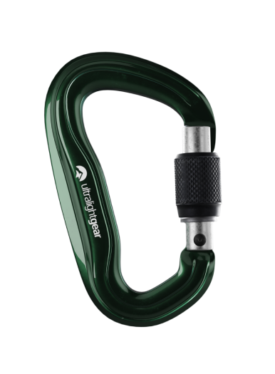 Green Ultralight Gear carabiner with a black locking screw gate.