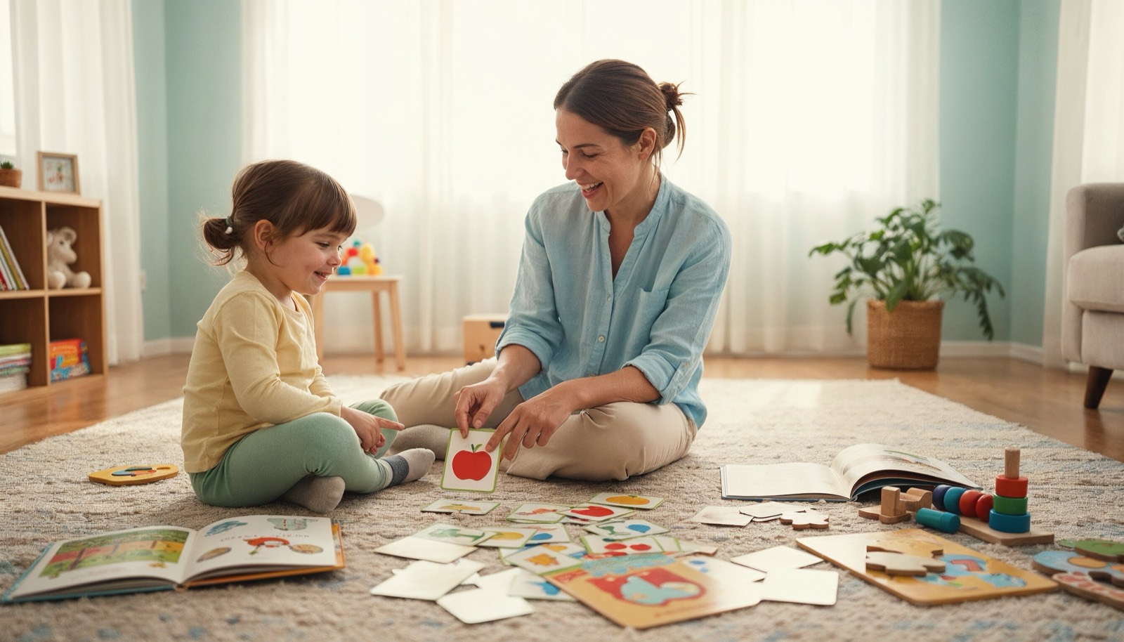 Niño pequeño aprendiendo a hablar con apoyo de fonoaudiólogo