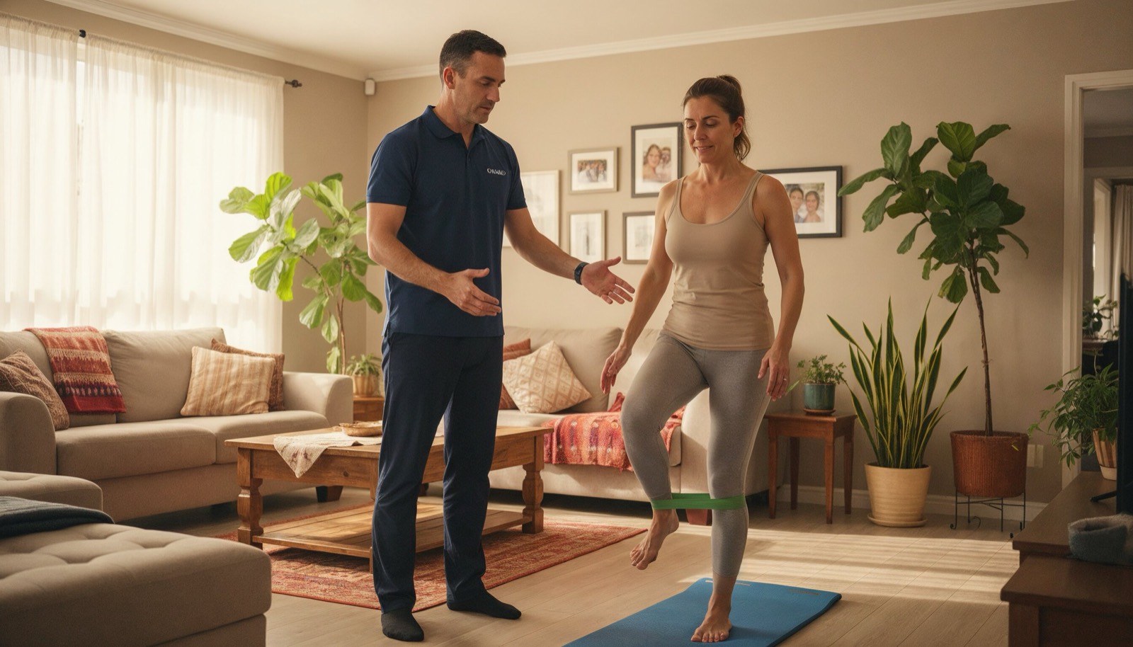 Kinesiólogo atendiendo paciente a domicilio en rehabilitación