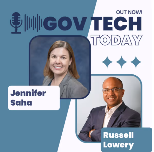 Podcast cover for GovTech Today featuring headshots of Jennifer Saha and Russell Lowery with a microphone icon.