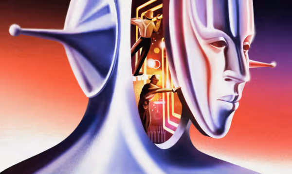 Surreal art of two large futuristic humanoid faces with people working inside one face's opened side.