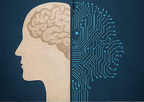 Side profile of a human head with the brain on the left and digital circuit patterns on the right.