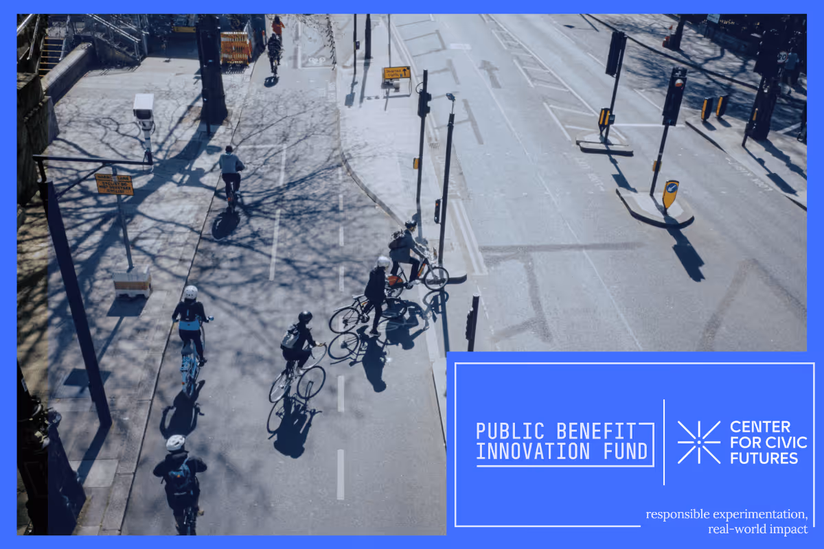 Aerial view of cyclists and pedestrians at a city intersection, with "Public Benefit Innovation Fund | Center for Civic Futures" branding overlay