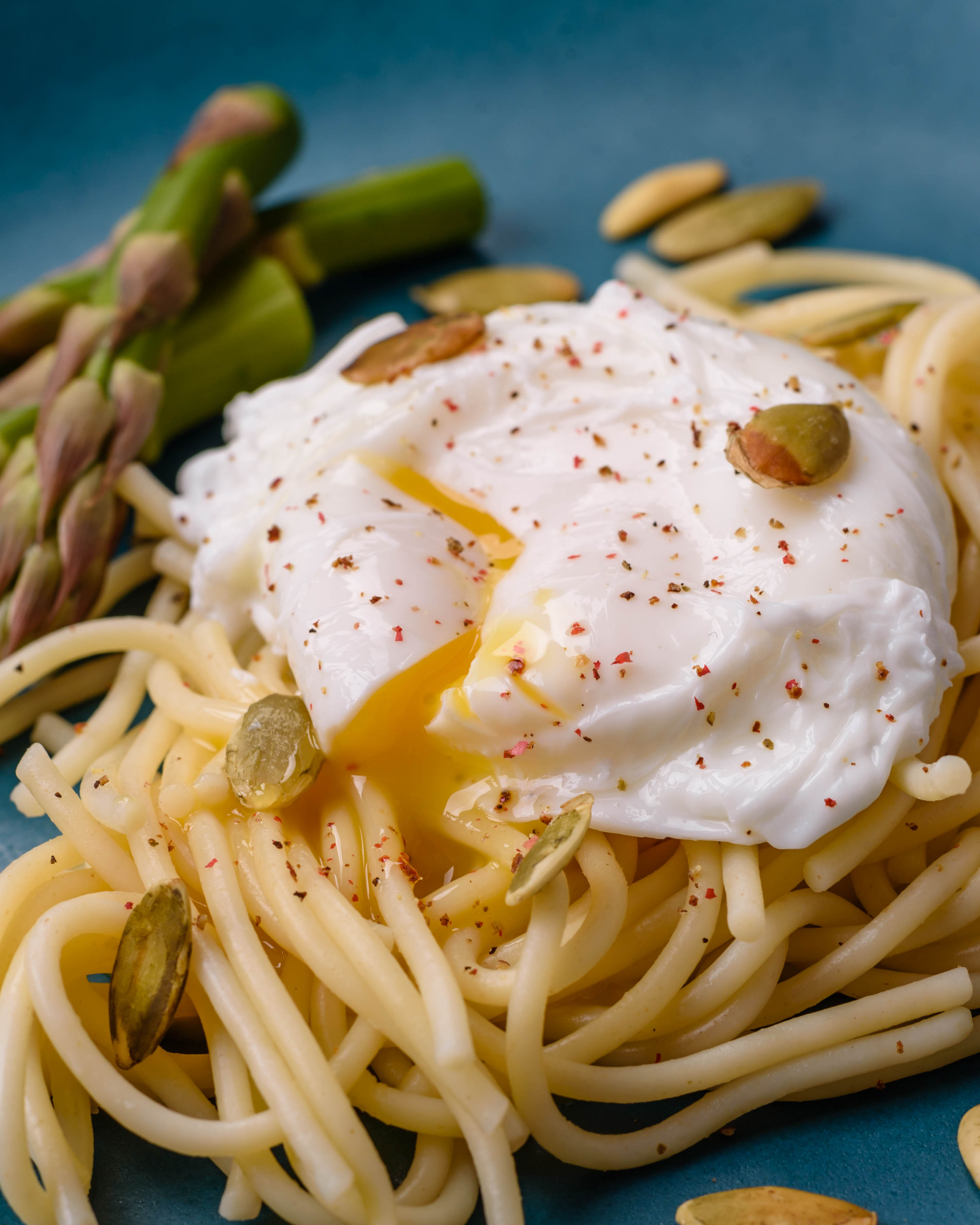 Bucatini with Green Vegetables and a Poached Egg