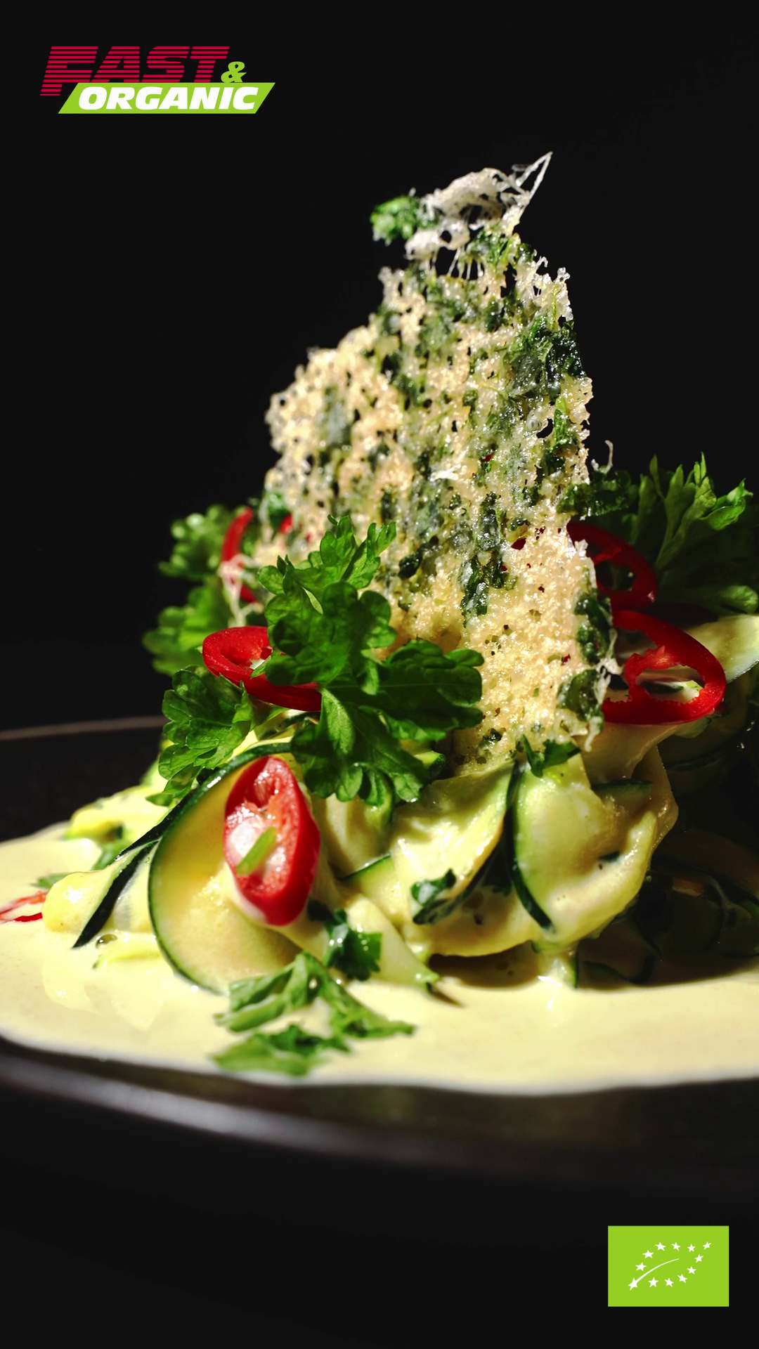 Organic Zucchini Alfredo with Crispy Parmesan Chips 
