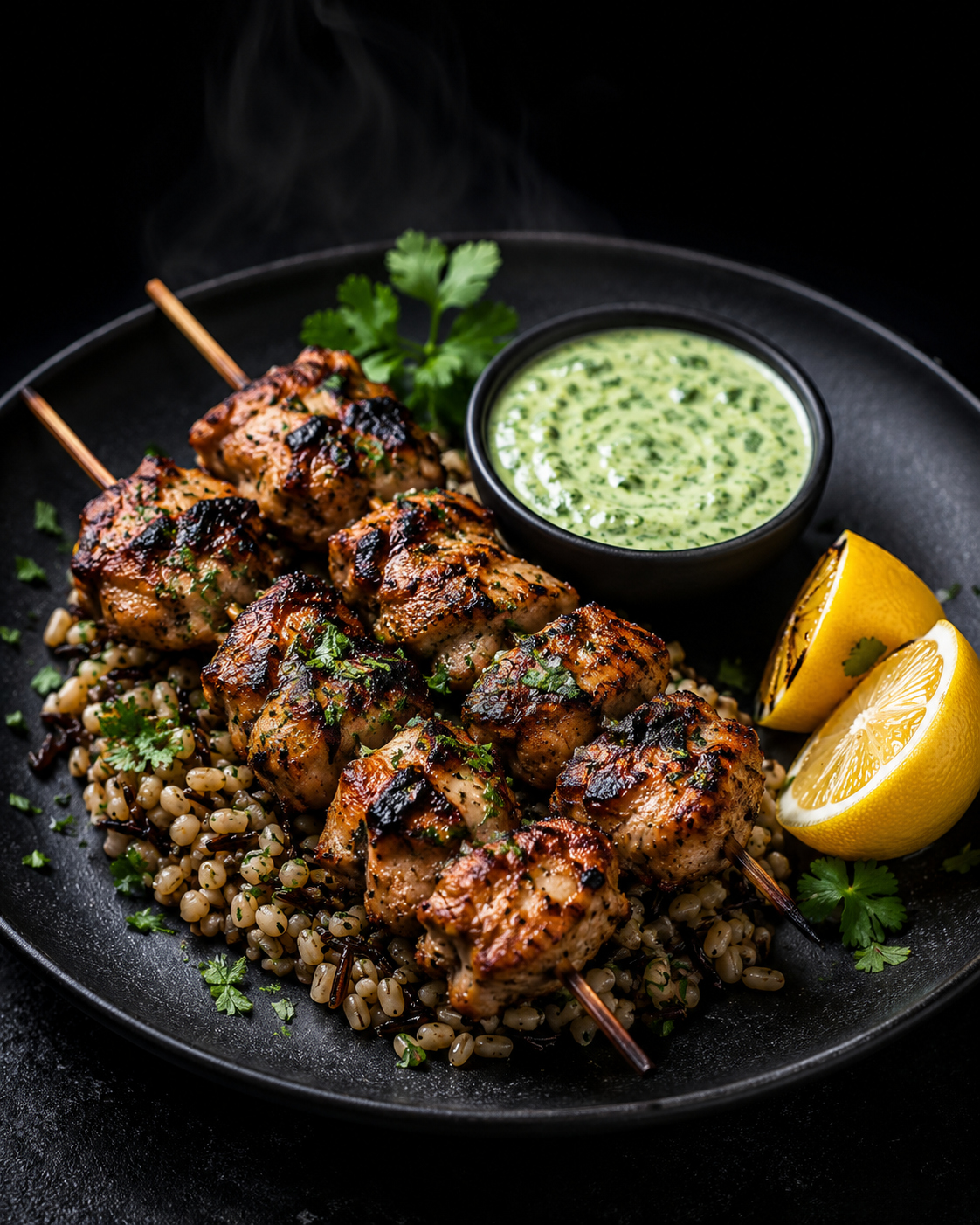 Marinated organic chicken skewers with yogurt sauce, served with rice