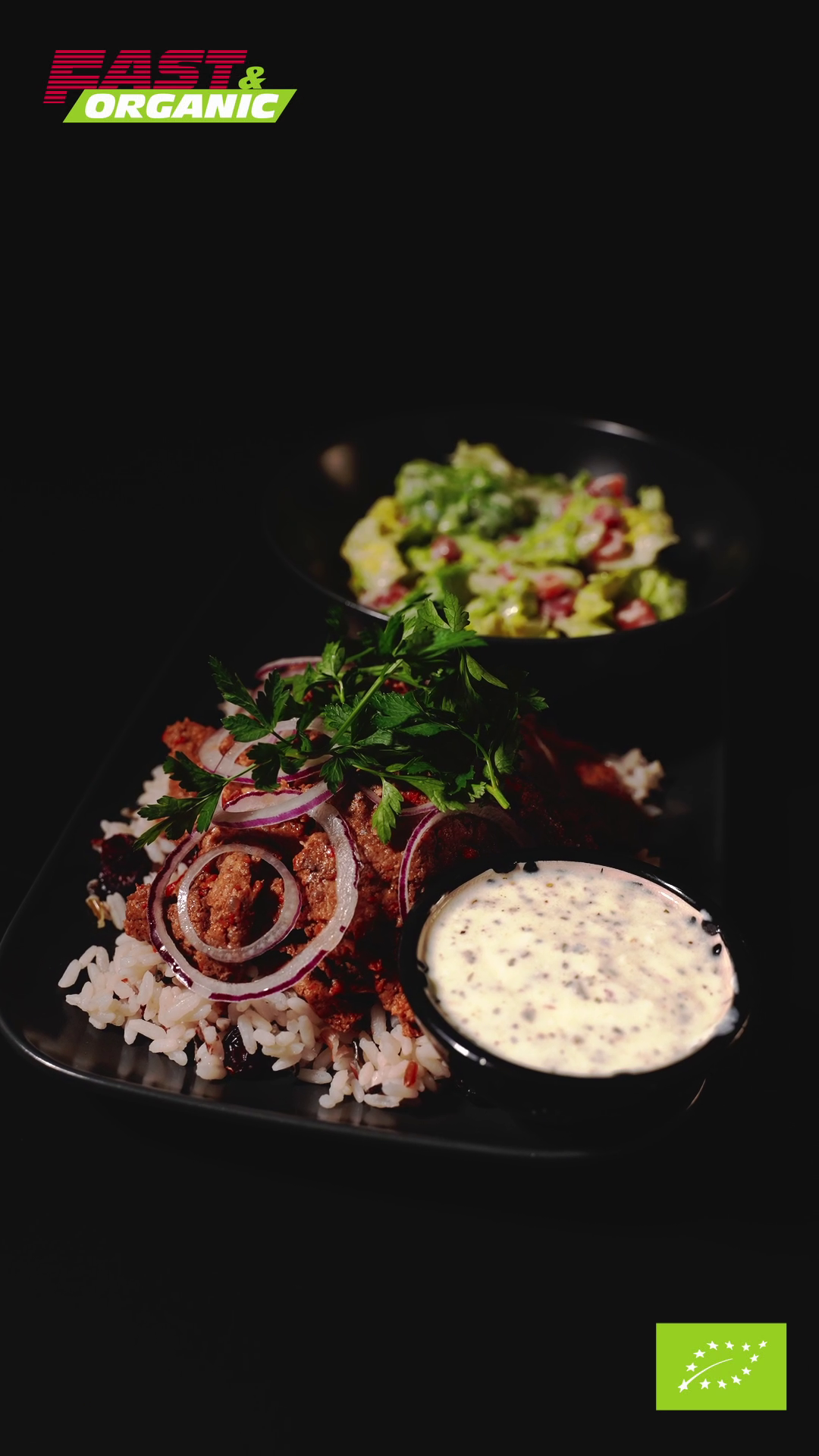 Organic Baked Kebab with Aromatic Rice and Yogurt Salad 