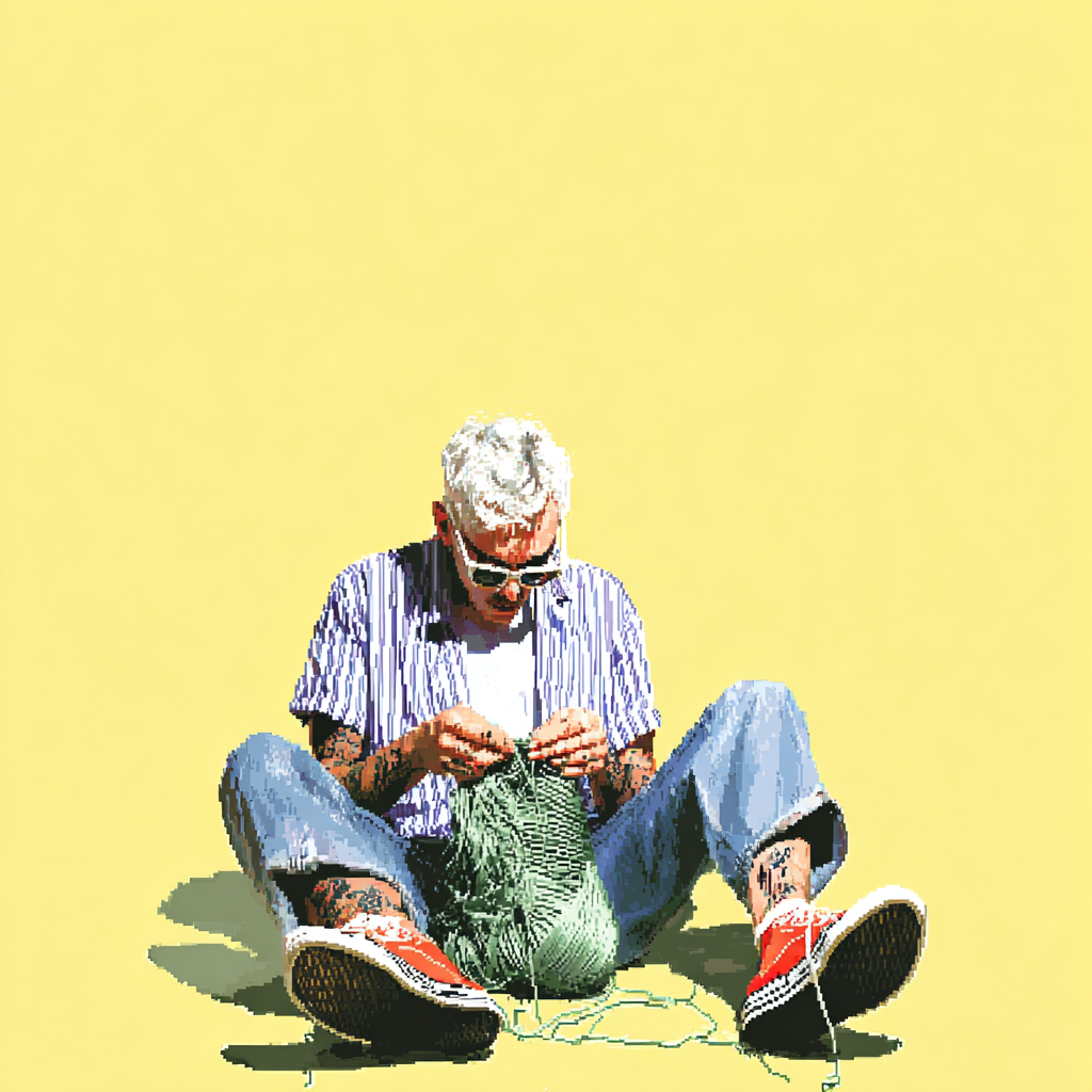 Person with white hair and tattoos sitting cross-legged on yellow background knitting with green yarn, wearing red shoes and striped shirt.