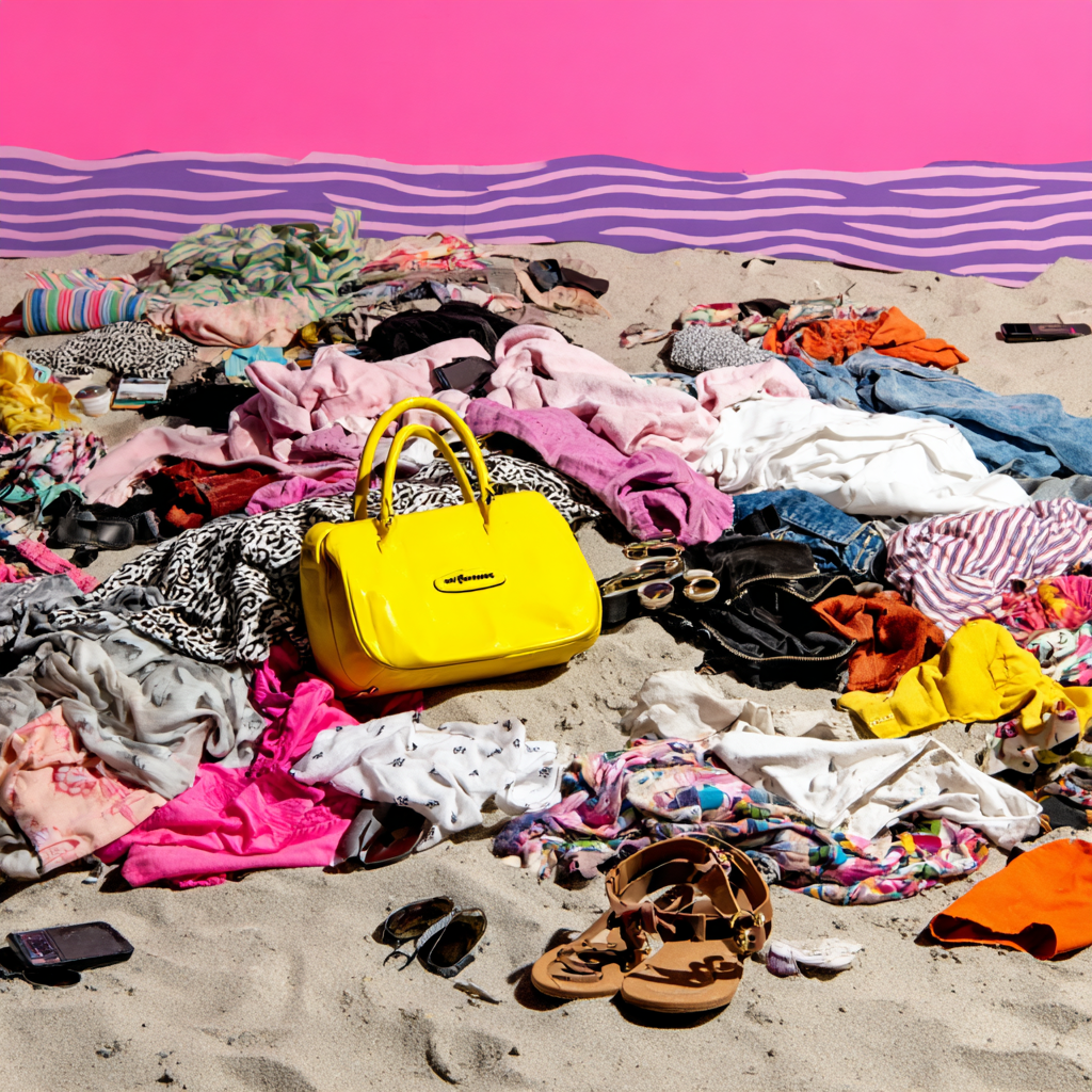 Yellow handbag, sunglasses, sandals, and various colorful clothes scattered on sand with a stylized pink and purple wave background.