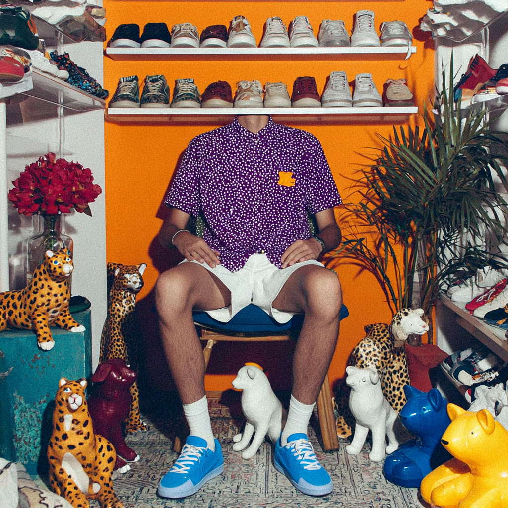 Person sitting on chair wearing blue sneakers and a purple shirt, with shelves of sneakers above and decorative animal figurines around.
