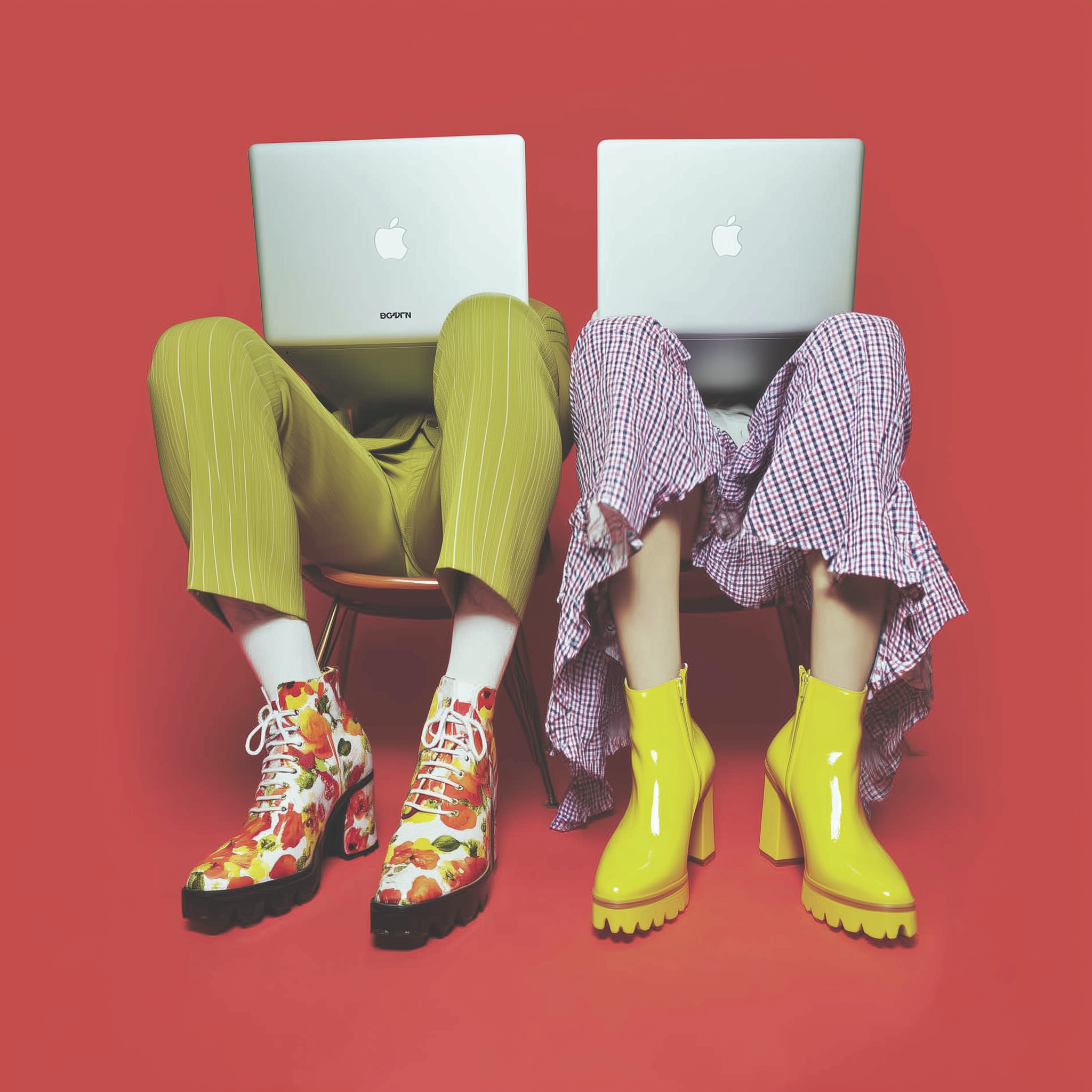 Two people sitting side by side against a red background with Apple laptops covering their faces; one wears yellow pinstriped pants and floral boots, the other wears a plaid dress and bright yellow heeled boots.