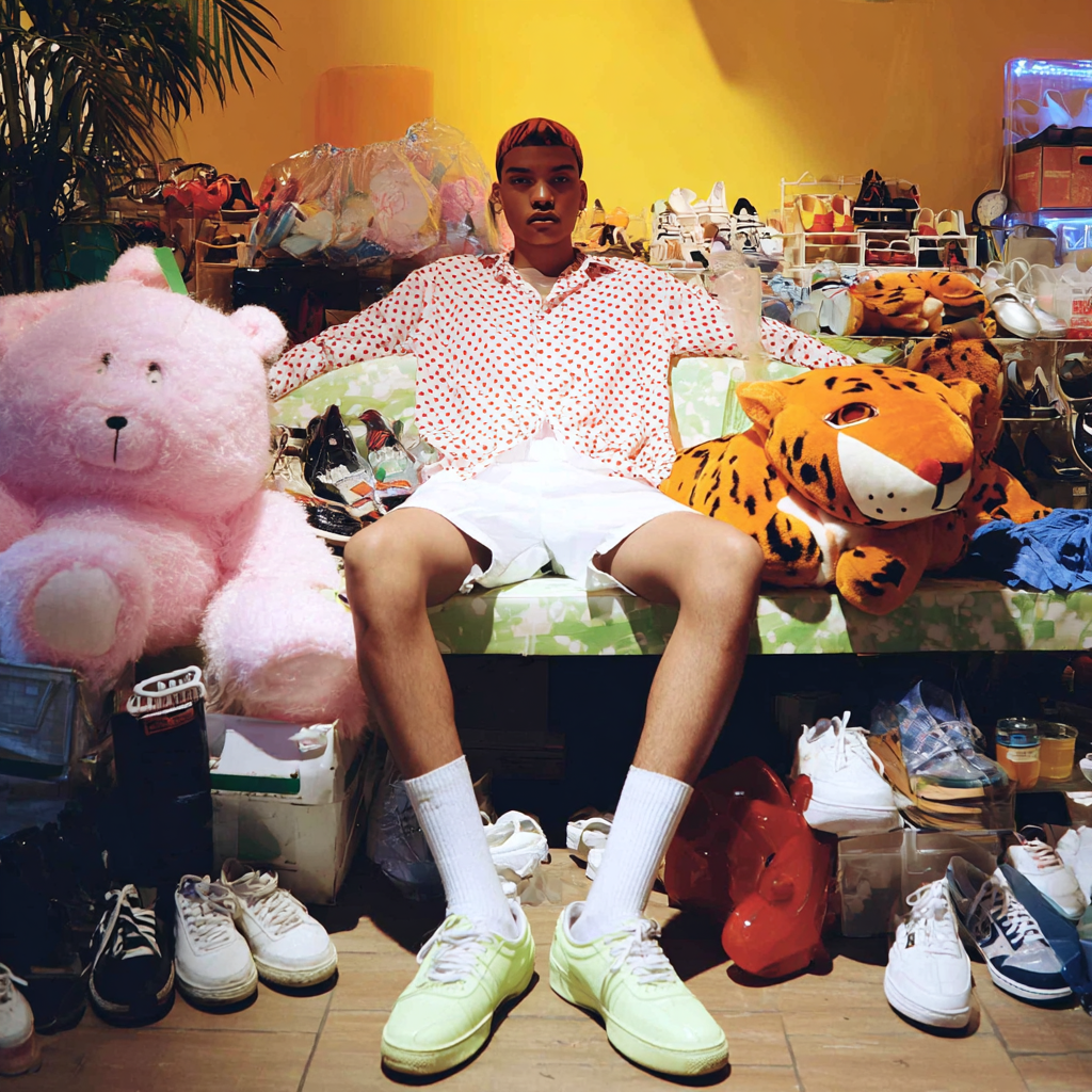 Person in white shorts and polka dot shirt sitting on a couch surrounded by shoes and large plush toys, including a pink bear and an orange tiger.