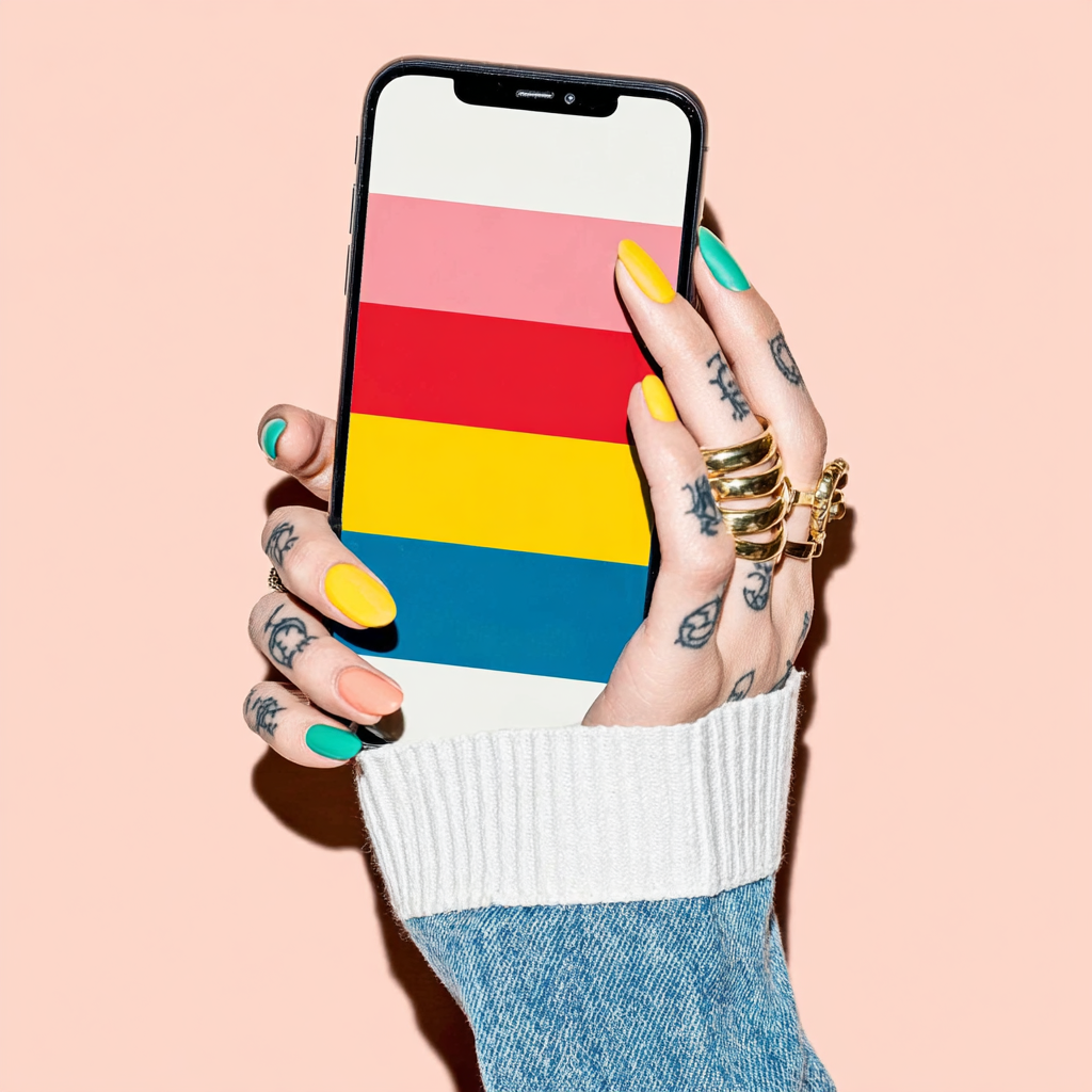 Tattooed hand with colorful nail polish holding a smartphone displaying horizontal color stripes on a peach background.