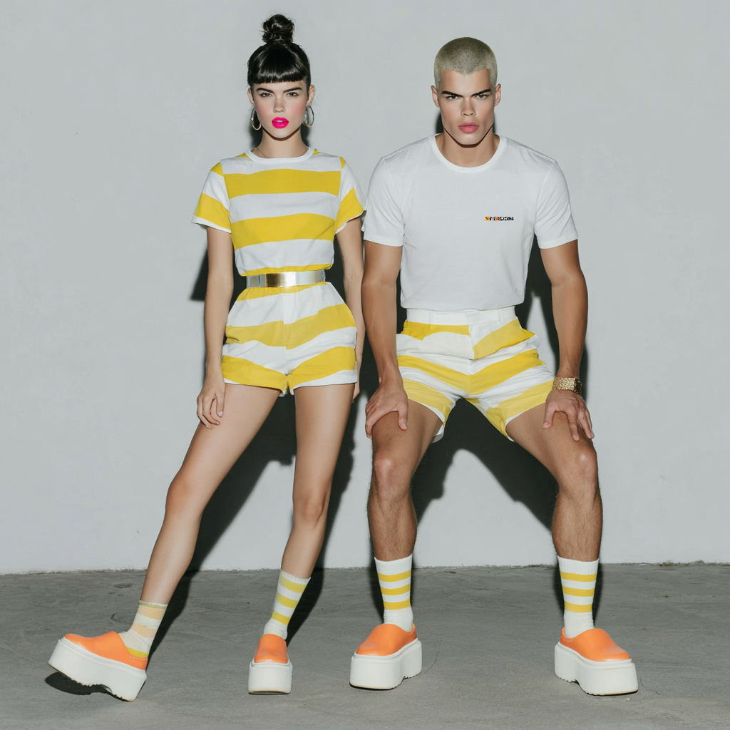 Fashionable young woman and man wearing matching yellow and white striped shorts and socks with orange platform shoes against a plain gray wall.