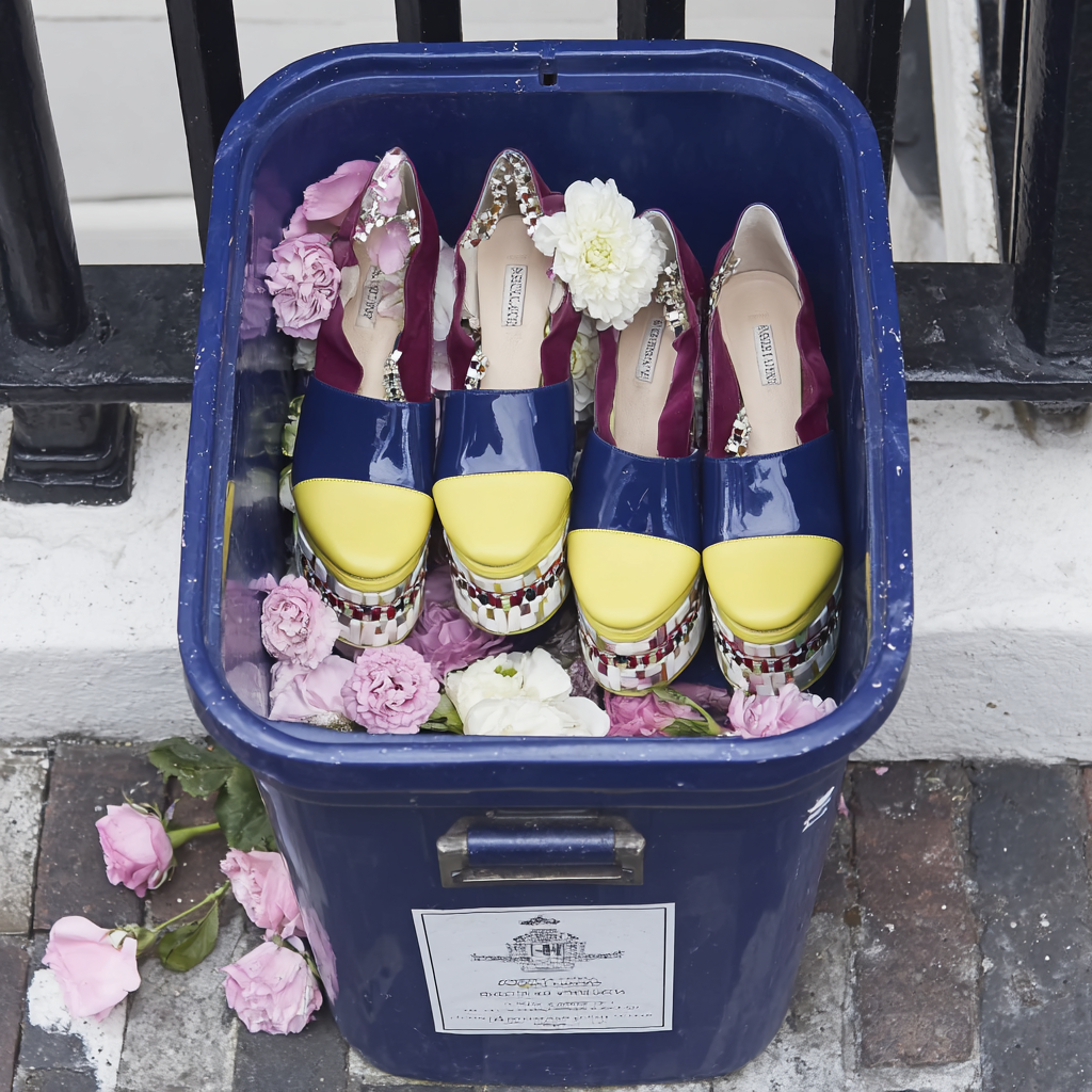 Pair of colorful platform shoes placed inside a blue recycling bin surrounded by pink and white flowers.