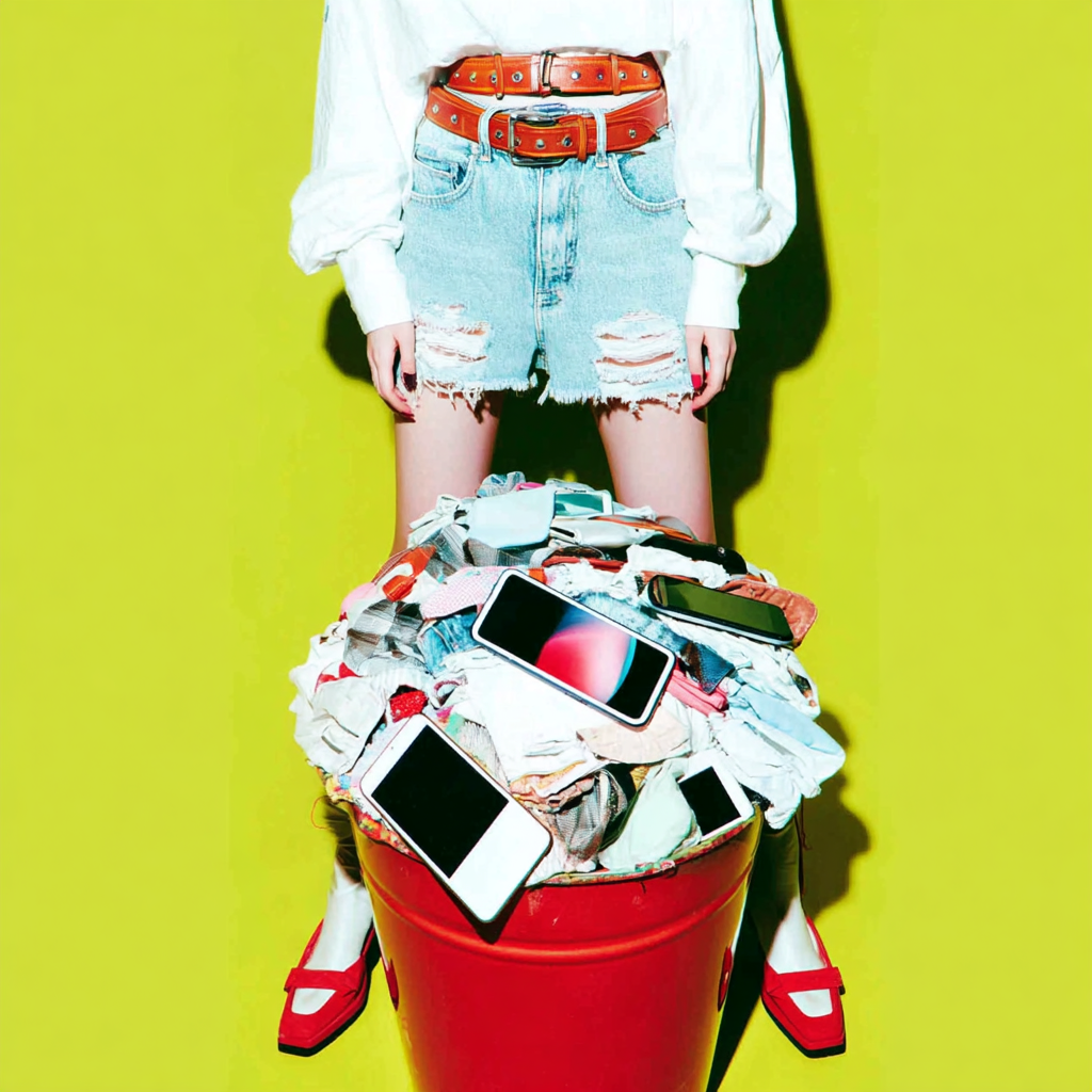 Person wearing ripped denim shorts, white shirt, red belts, and red shoes standing behind a red trash bin overflowing with clothes and smartphones.
