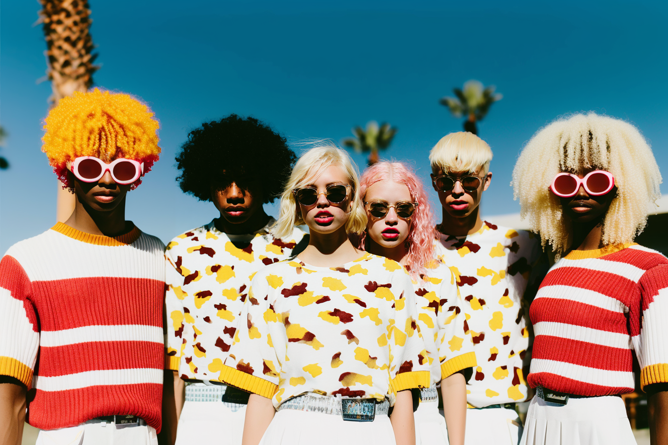 Six fashion models with colorful hairstyles and sunglasses, wearing coordinated red-striped and abstract-patterned tops, standing outdoors with palm trees and blue sky background.