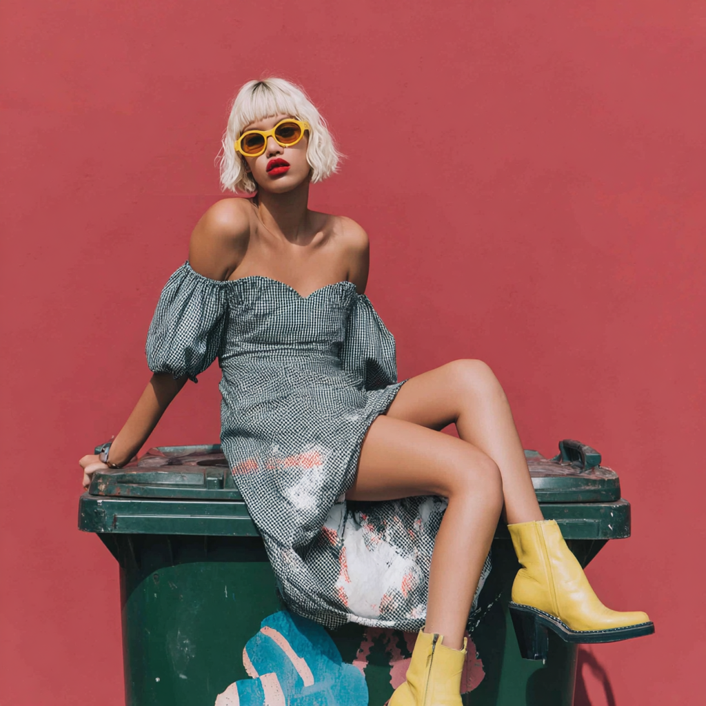 Woman with blonde bob haircut wearing yellow sunglasses, a checkered off-shoulder dress, and yellow boots sitting on a green graffiti-covered dumpster against a red wall.