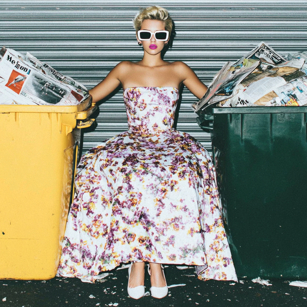Stylish woman in a floral strapless dress and white sunglasses sitting between a yellow and green trash bin filled with newspapers.