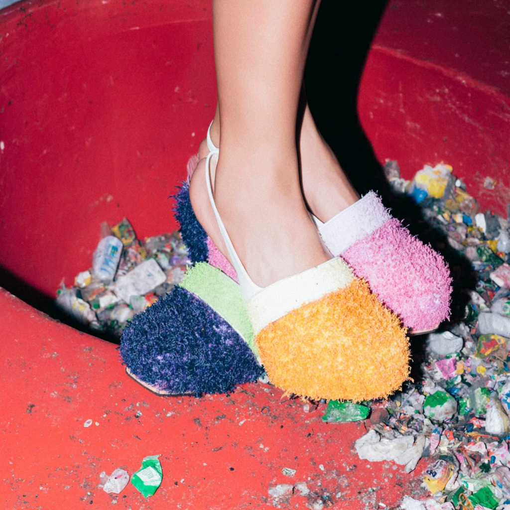 Close-up of feet wearing colorful fuzzy slippers standing on red floor scattered with trash and debris.