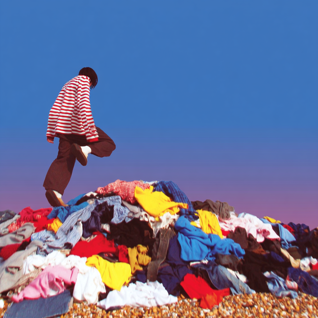 Person in a red and white striped shirt stepping on a large pile of colorful clothes under a clear blue sky.