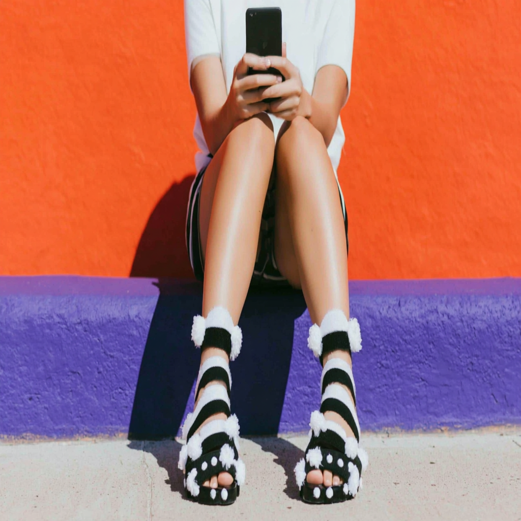 Person sitting against a bright orange wall with legs stretched out wearing black and white pom-pom sandals while holding a phone.