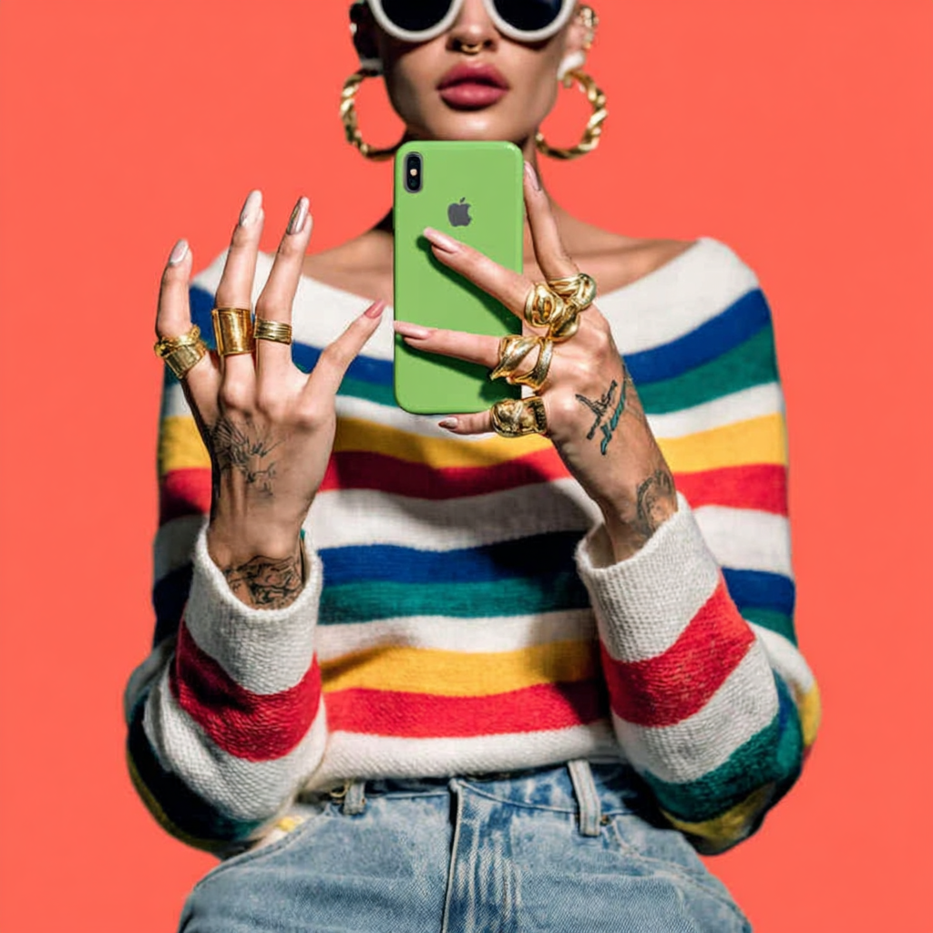 Person with large gold rings, tattoos, and white sunglasses wearing a striped sweater and holding a green iPhone against a coral background.