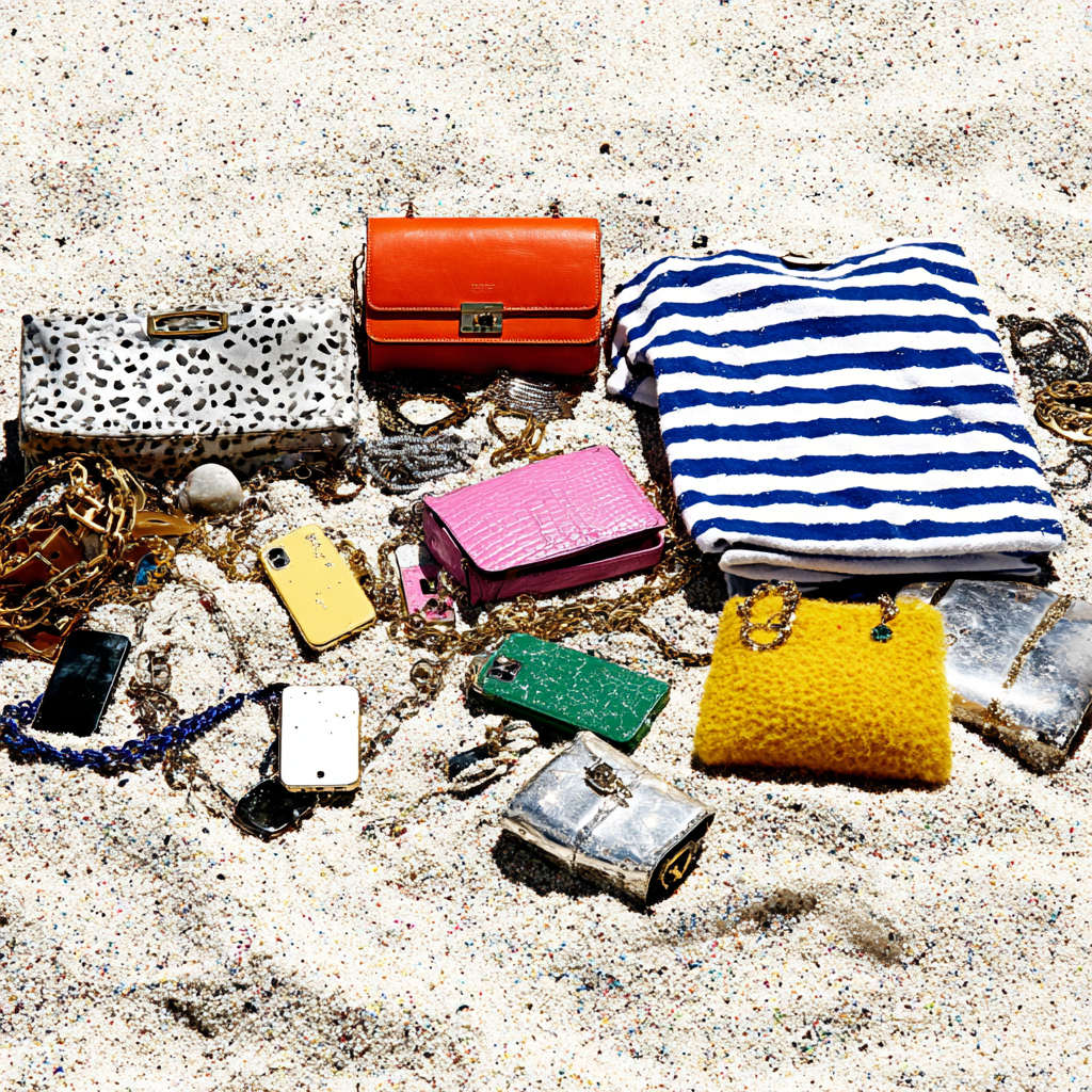 Various colorful purses, smartphones, and jewelry chains arranged on white sandy surface next to a folded blue and white striped shirt.